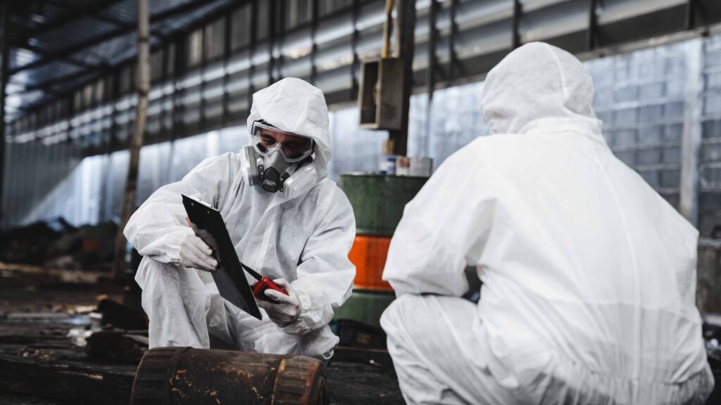 workers wear protection suit during checks