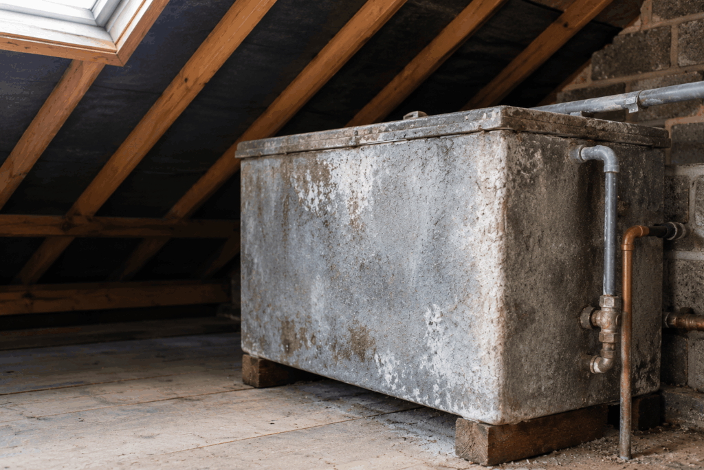 old rectangular water tank in a loft