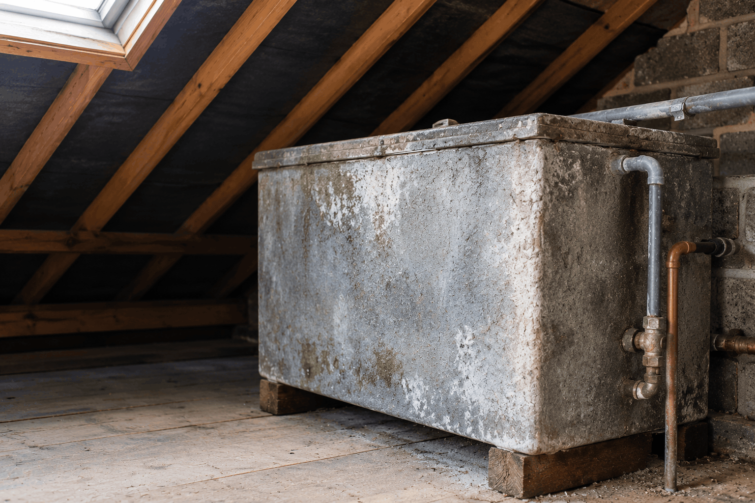 old rectangular water tank in a loft